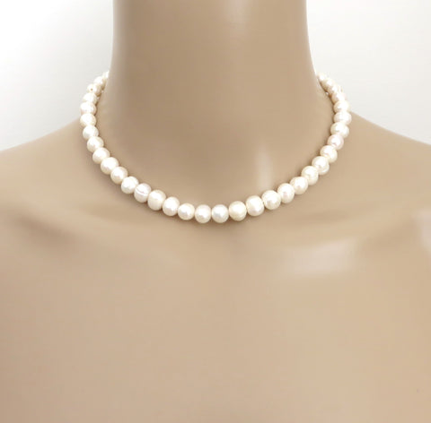 Genuine Pearl Choker Necklace 7.5-8.5mm 925 Silver Adjustable 37-40cm Handmade