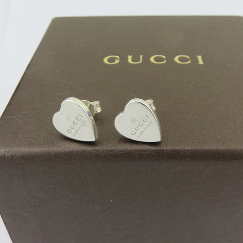GUCCI 925 Sterling Silver Trademark Heart Tag Stud Earrings Made in Italy w/ Box
