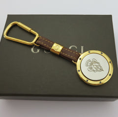 Gucci Gold Tone Metal Black Leather GG Logo Keyring Price Includes US Tariff