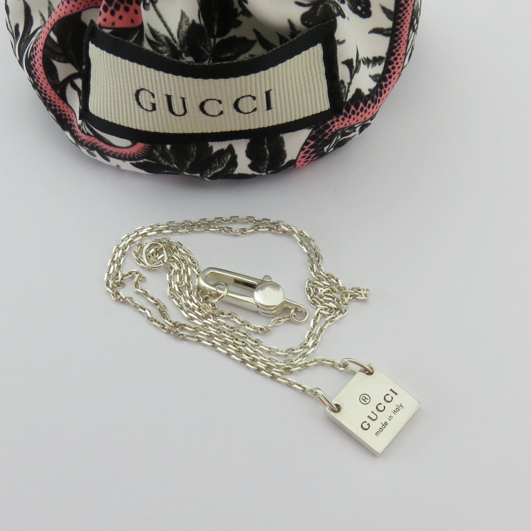 Gucci 925 Sterling Silver Mini Square Tag Pendant Necklace with Pouch