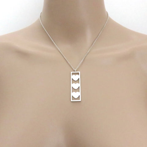 TIFFANY & CO 925 Sterling Silver Triple Heart Bar Pendant Necklace with Box