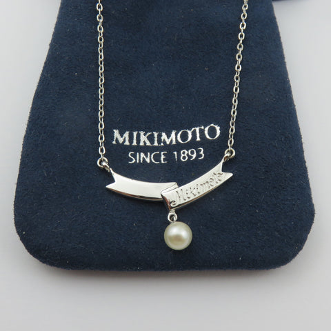 Mikimoto 925 Sterling Silver Ribbon Akoya Pearl Pendant Necklace with Pouch