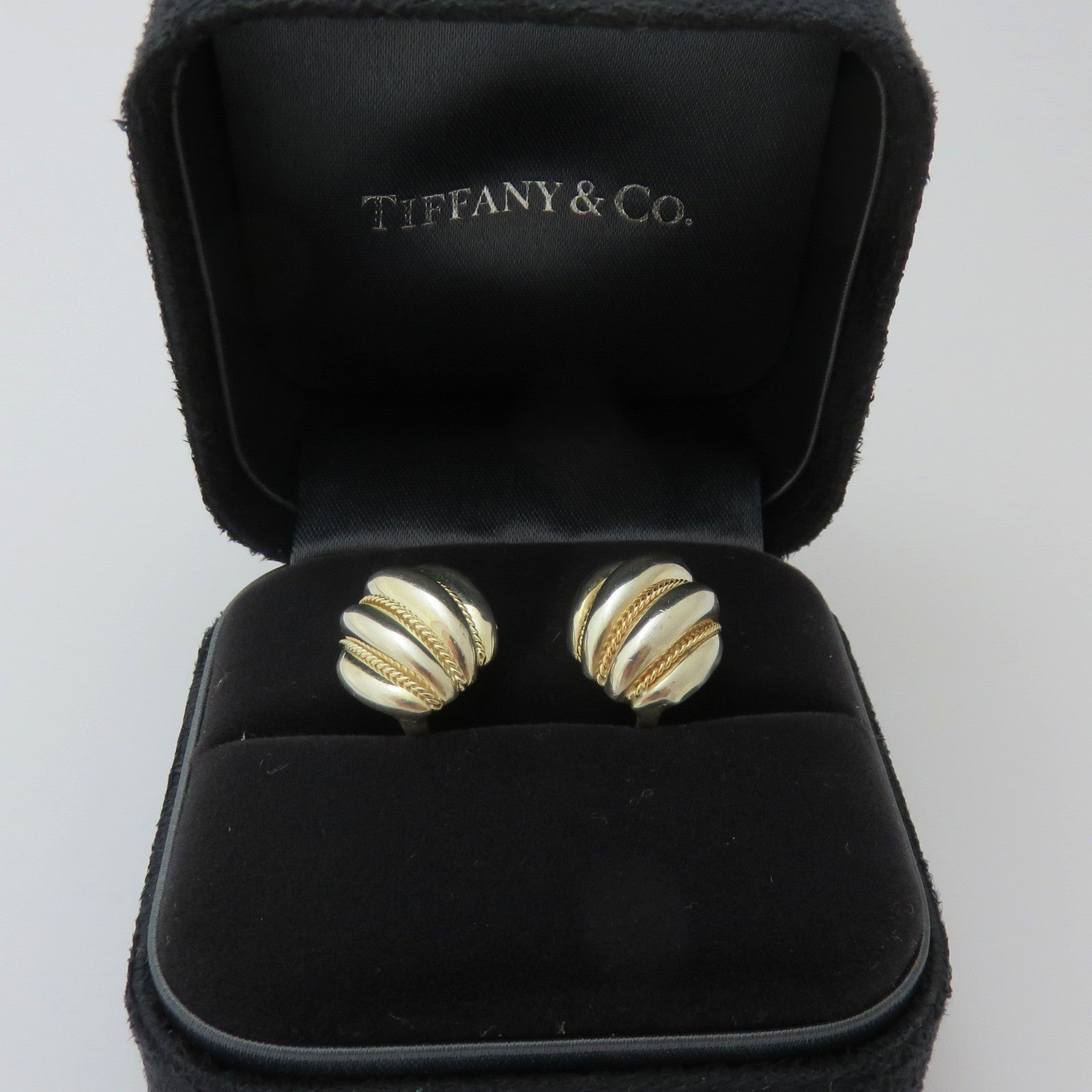 TIFFANY & CO 925 Silver 18K Gold Twist Rope Clip On Earrings with Velvet Box