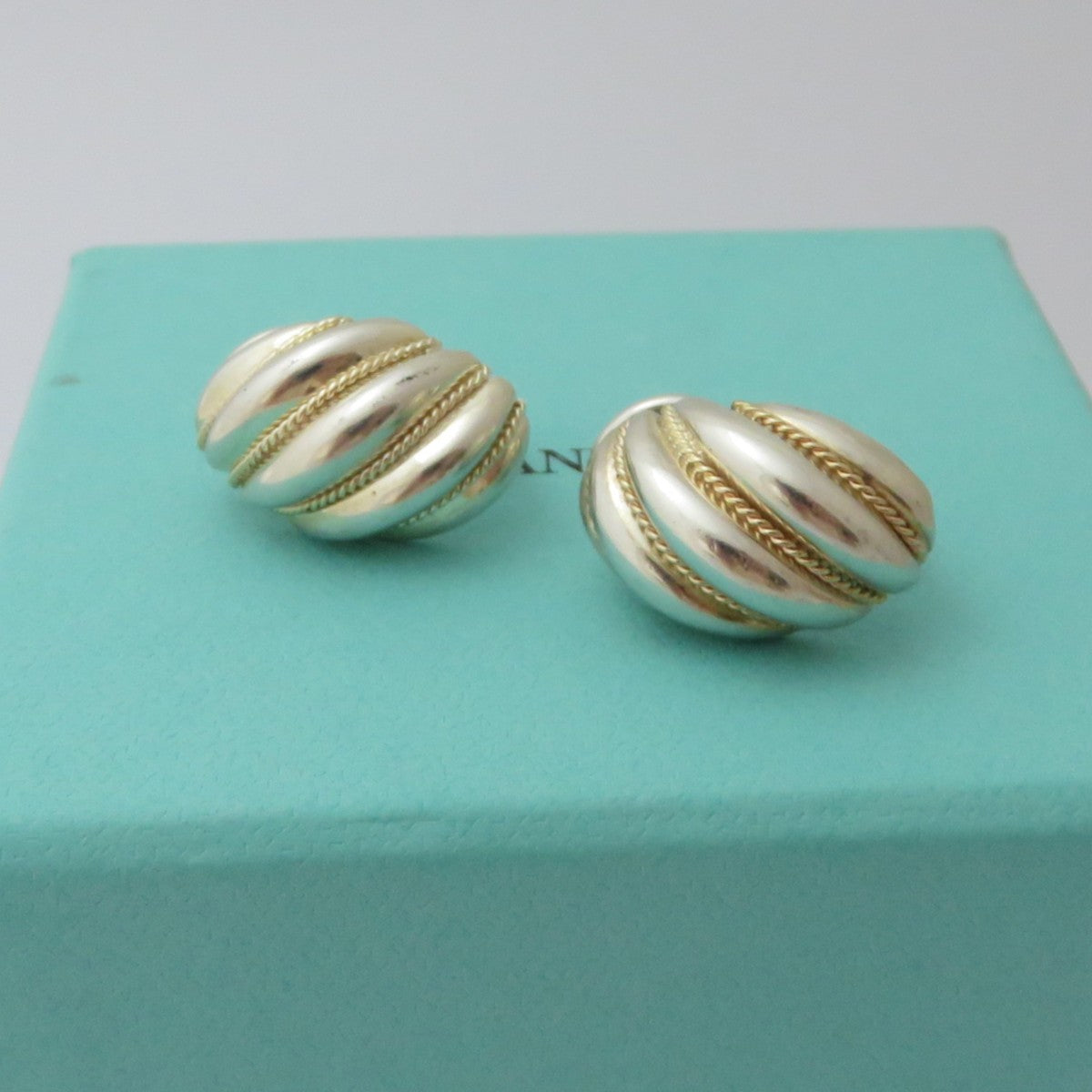 TIFFANY & CO 925 Silver 18K Gold Twist Rope Clip On Earrings with Velvet Box