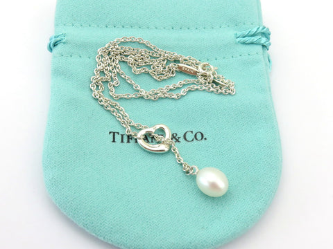 TIFFANY & CO Sterling Silver Open Heart Pearl Lariat Necklace RRP AU$ 1300