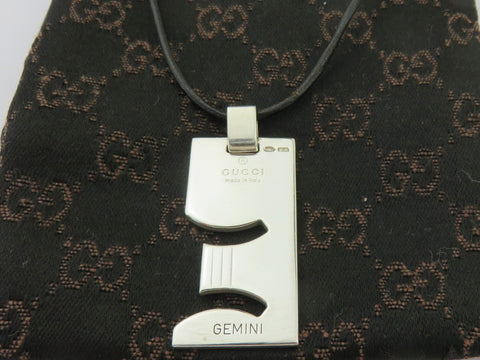 Gucci Sterling Silver GEMINI Pendant Black Leather Cord Necklace