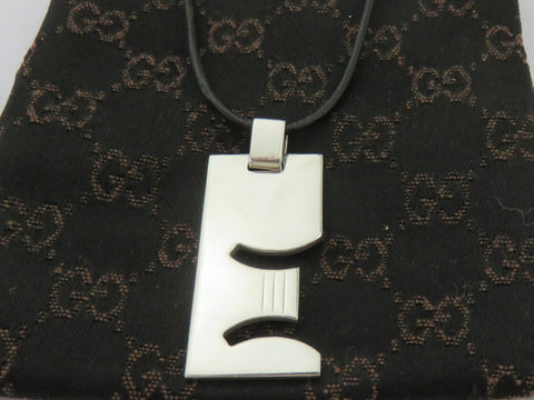 Gucci Sterling Silver GEMINI Pendant Black Leather Cord Necklace