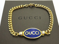 Gucci Vintage Gold Tone Metal Blue Oval Tag Bracelet Price Includes US Tariff