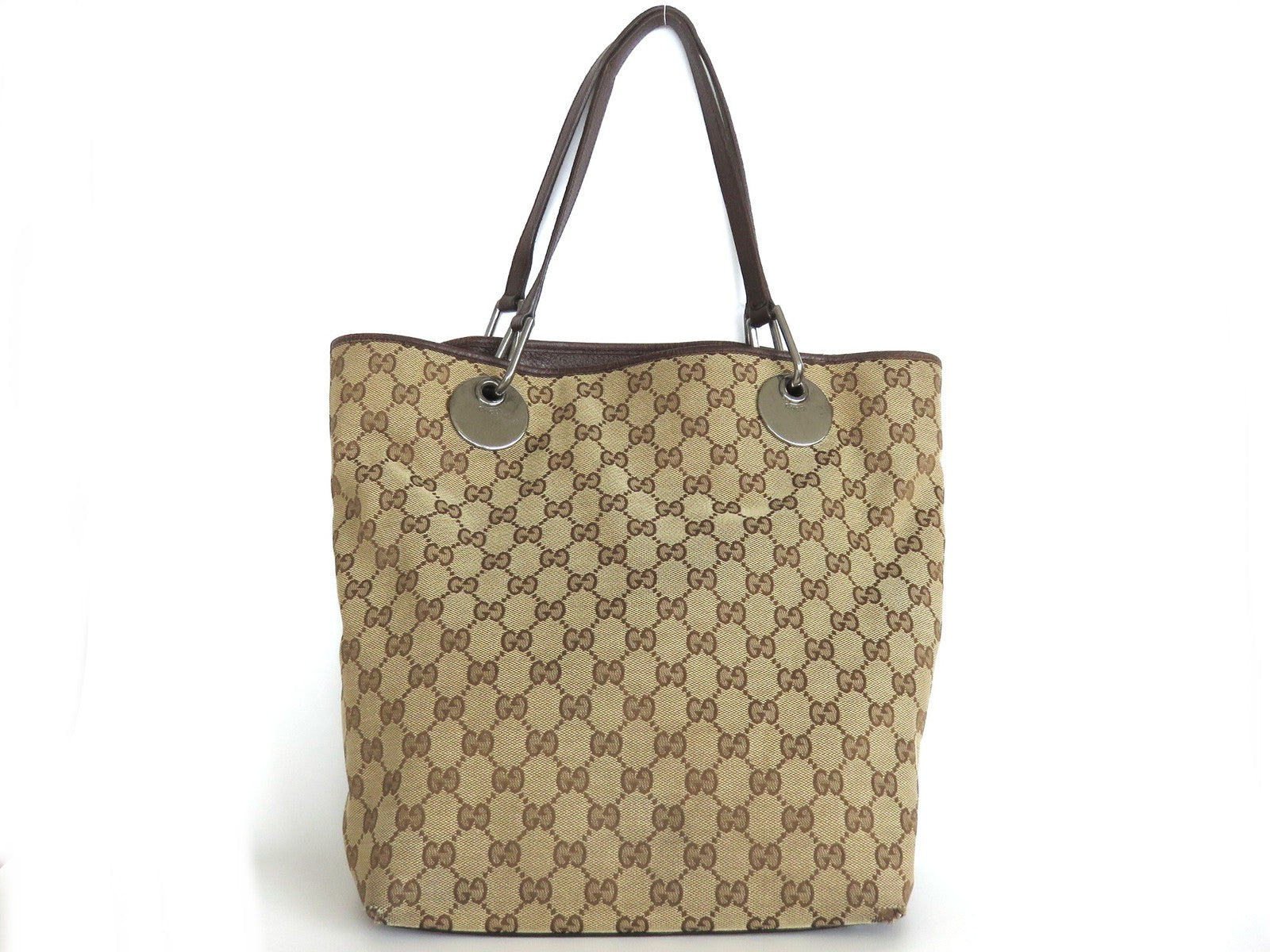 GUCCI Brown Original GG Canvas Leather Tote Handbag Shoulder Bag Purse