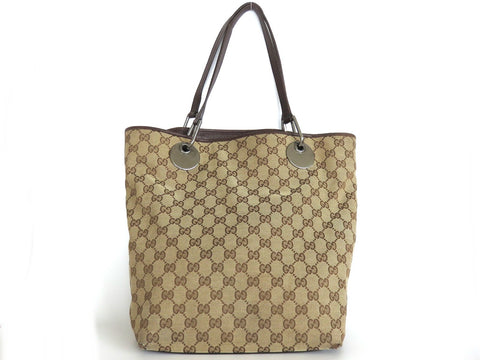 GUCCI Brown Original GG Canvas Leather Tote Handbag Shoulder Bag Purse