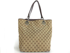 GUCCI Brown Original GG Canvas Leather Tote Handbag Shoulder Bag Purse