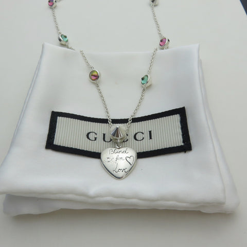 Gucci 925 Silver Red Green Rhinestones Blind for Love Heart Necklace Authentic
