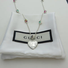 Gucci 925 Silver Red Green Rhinestones Blind for Love Heart Necklace Authentic