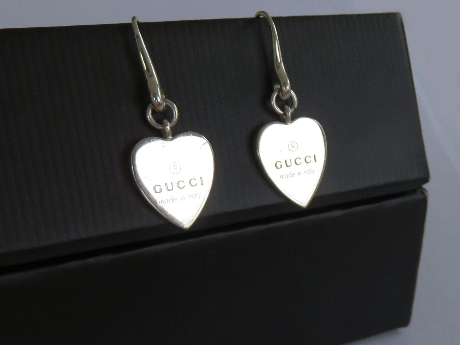 Gucci Sterling Silver Trademark Heart Dangle Earrings Price Includes US Tariff