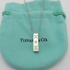 TIFFANY & CO 925 Sterling Silver Diamond Kiss Bar Pendant Necklace with Pouch