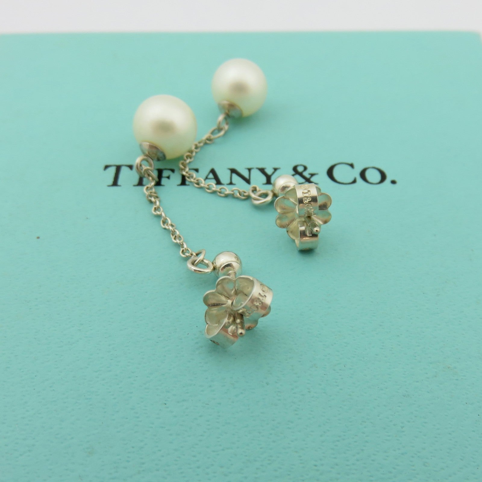TIFFANY & CO 925 Silver Ziegfeld Fresh Water Pearl Drop Earrings with Box