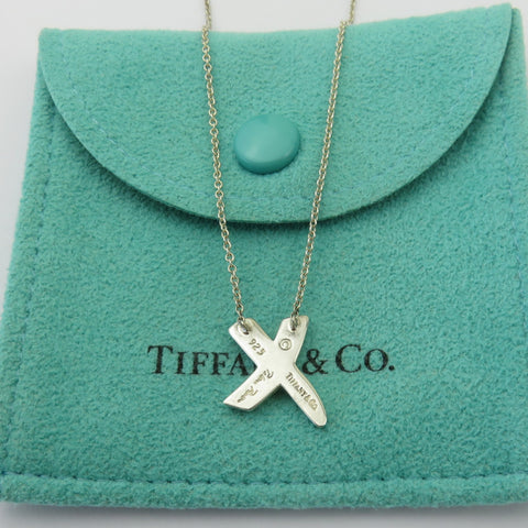 TIFFANY & CO 925 Sterling Silver Kiss X Pendant Necklace with Pouch