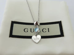 Gucci Sterling Silver Heart Tag Aquamarine Birthstone Pendant Necklace