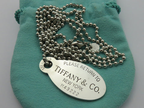 TIFFANY & CO Silver Return to TIFFANY Oval Tag Long Beaded Chain Unisex Necklace