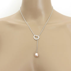 TIFFANY & CO 925 Silver Open Heart 9 mm Pearl Lariat Necklace w/ Jewelry Box