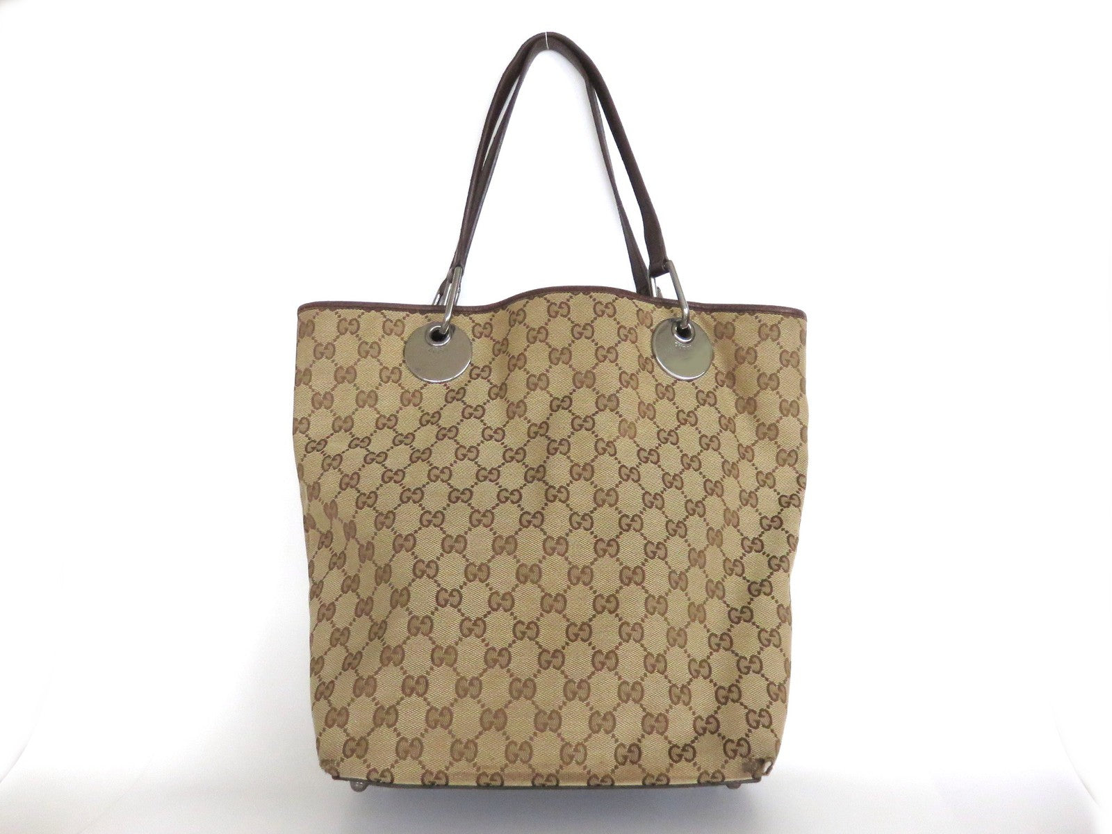 GUCCI Brown Original GG Canvas Leather Tote Handbag Shoulder Bag Purse
