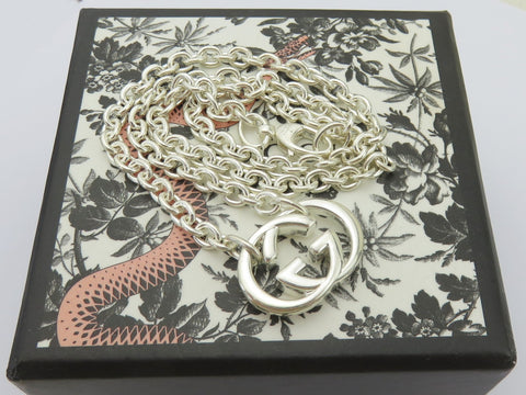 Gucci 925 Silver Interlocking G Oval Link Unisex Necklace Authentic with Box