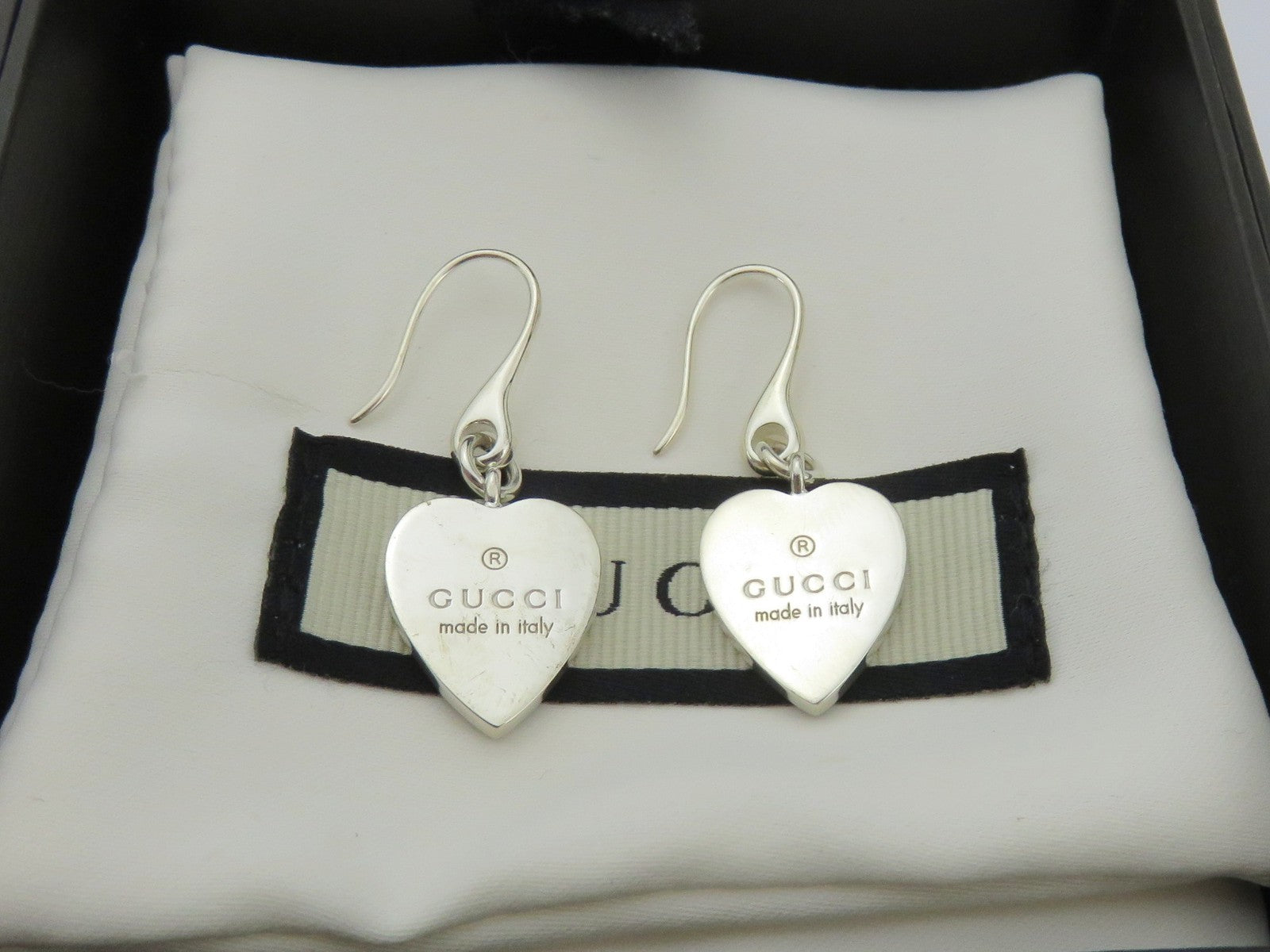 Authentic Gucci Sterling Silver Trademark Heart Dangle Earrings with Box & Pouch