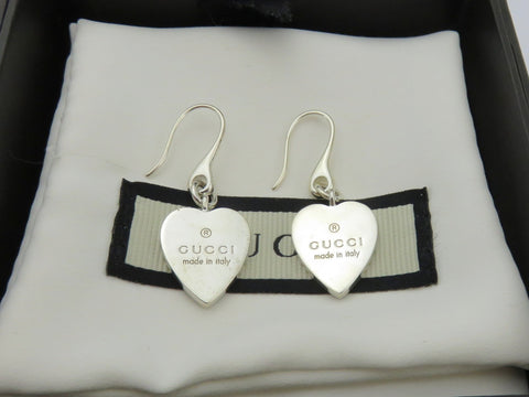 Authentic Gucci Sterling Silver Trademark Heart Dangle Earrings with Box & Pouch