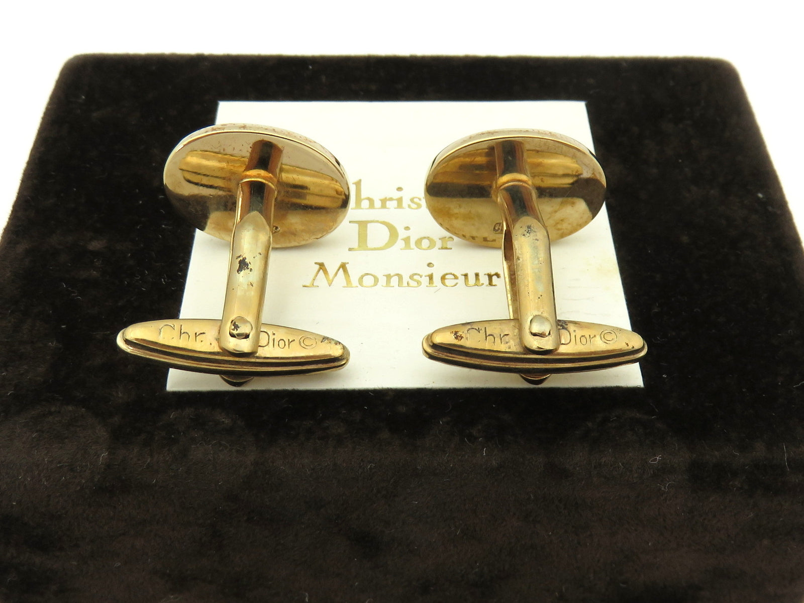 Christian Dior Gold Tone Metal Black Enamel Rhinestone CD Logo Cufflinks