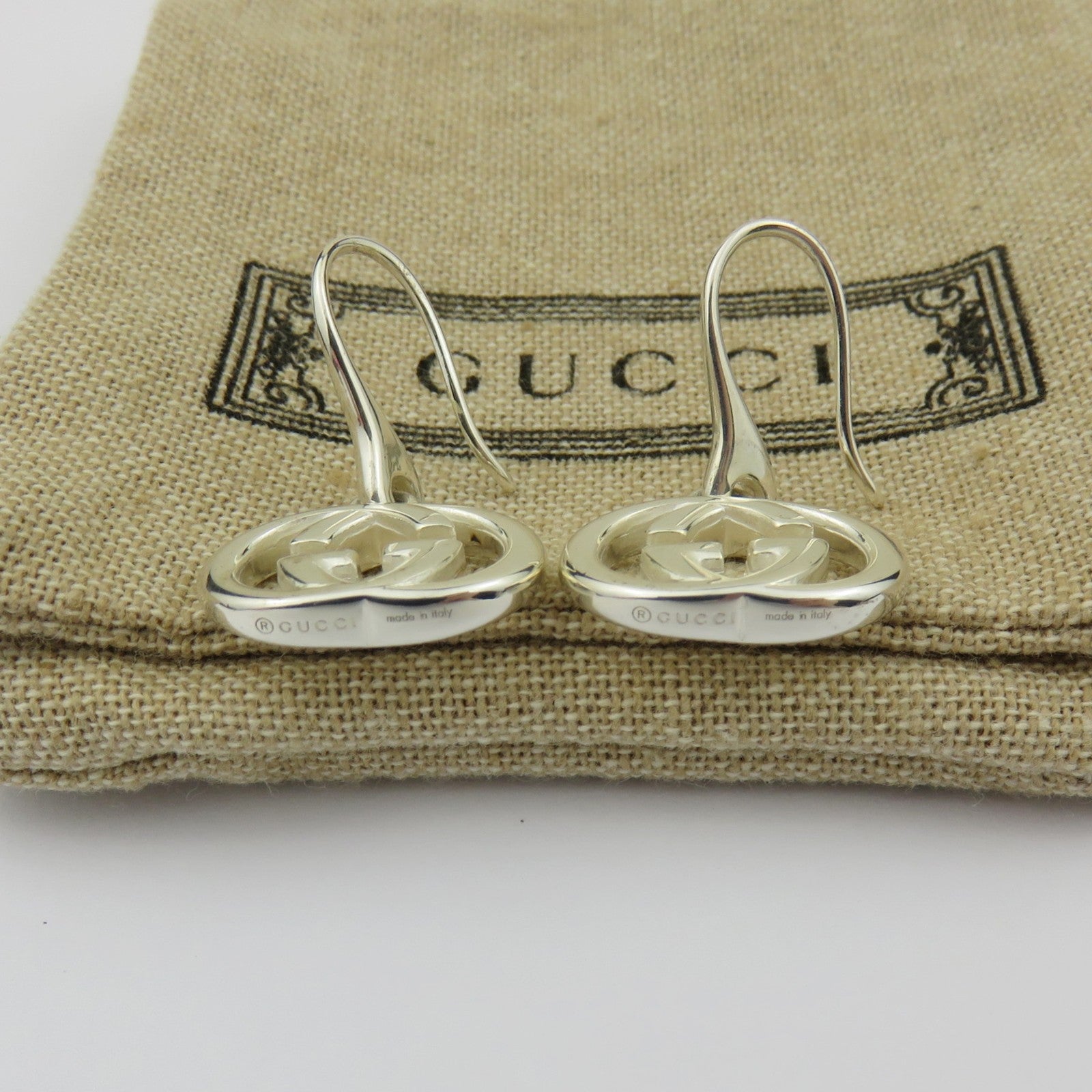 Gucci 925 Sterling Silver Interlocking G Dangle Earrings Authentic w/ Pouch Bag
