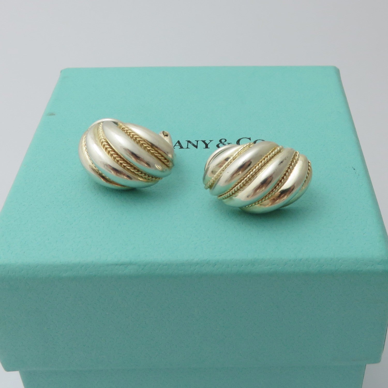 TIFFANY & CO 925 Silver 18K Gold Twist Rope Clip On Earrings with Velvet Box