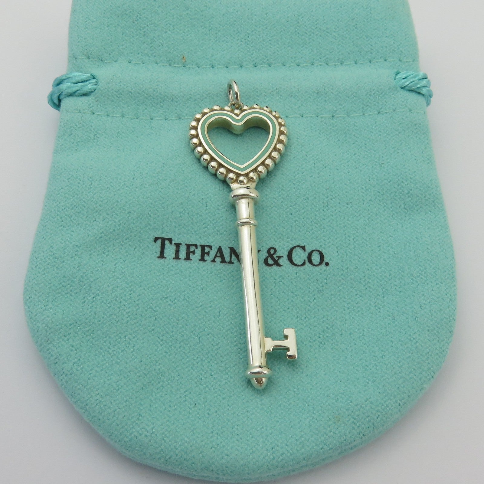 Tiffany & Co 925 Silver Blue Enamel Large Beaded Heart Key Pendant Charm
