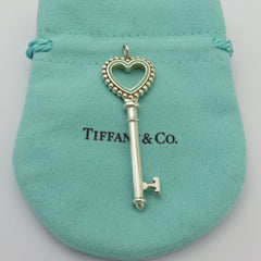 Tiffany & Co 925 Silver Blue Enamel Large Beaded Heart Key Pendant Charm