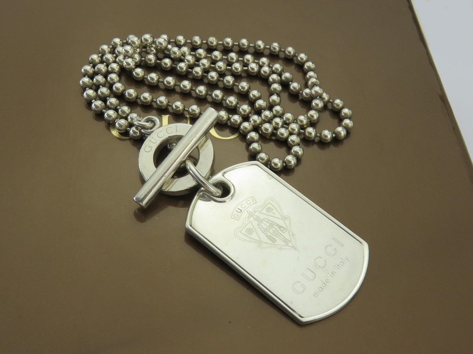 Gucci Sterling Silver Logo Bar Dog Tag Ball Chain Unisex Toggle Pendant Necklace