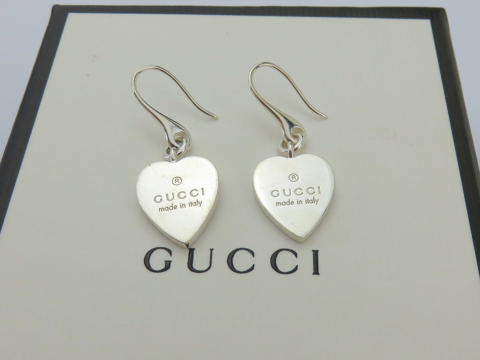 Authentic Gucci Sterling Silver Trademark Heart Dangle Earrings with Box & Pouch