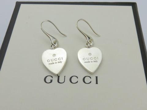 Authentic Gucci Sterling Silver Trademark Heart Dangle Earrings with Box & Pouch