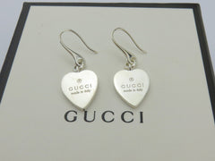 Authentic Gucci Sterling Silver Trademark Heart Dangle Earrings with Box & Pouch