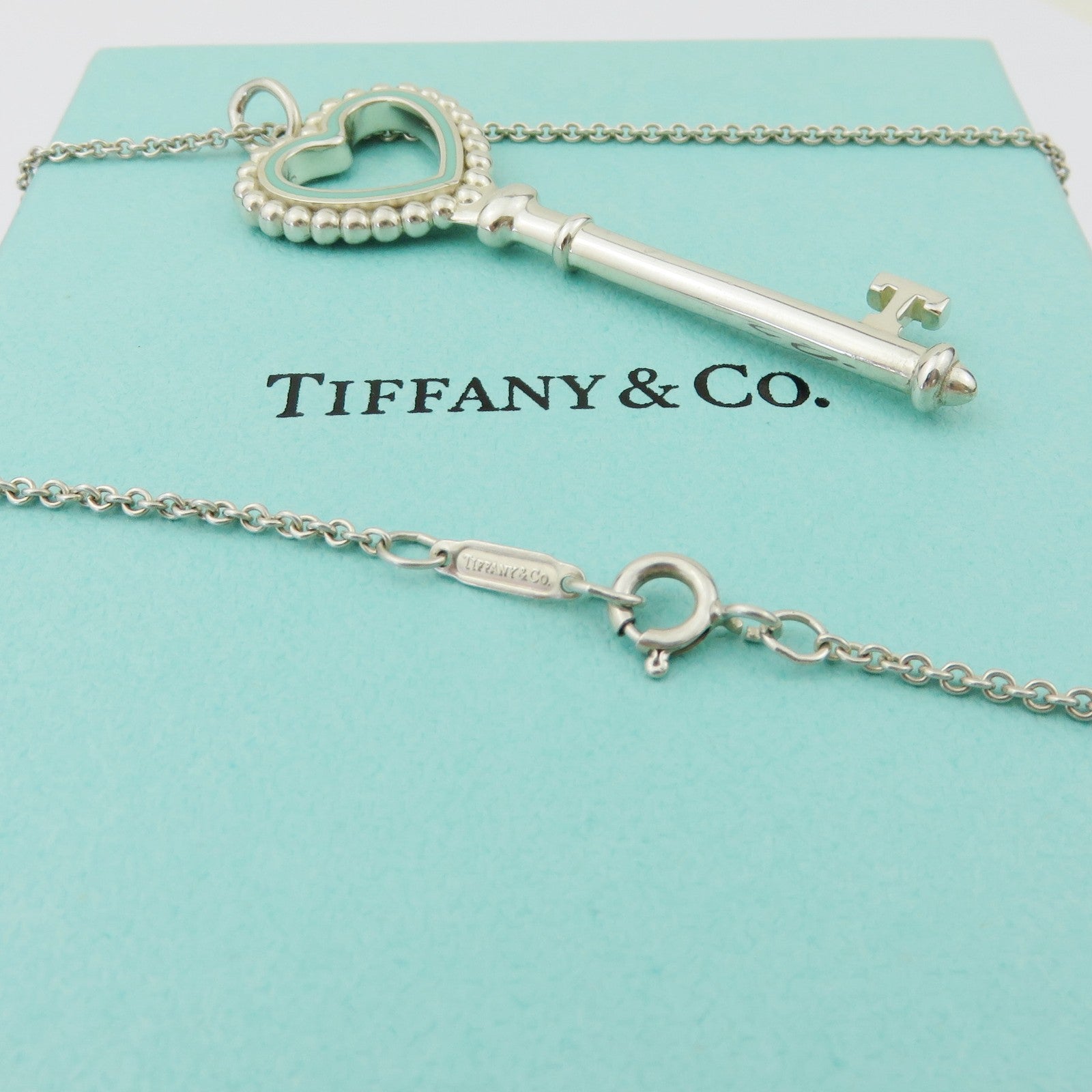 Tiffany & Co 925 Silver Blue Enamel Large Beaded Heart Key Pendant Necklace