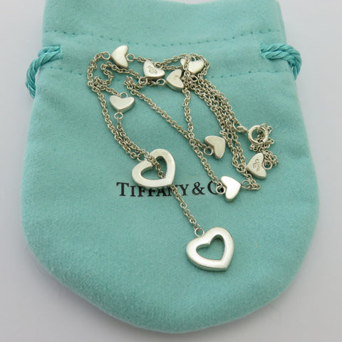 TIFFANY & CO 925 Sterling Silver Heart Link Lariat Necklace Authentic with Pouch