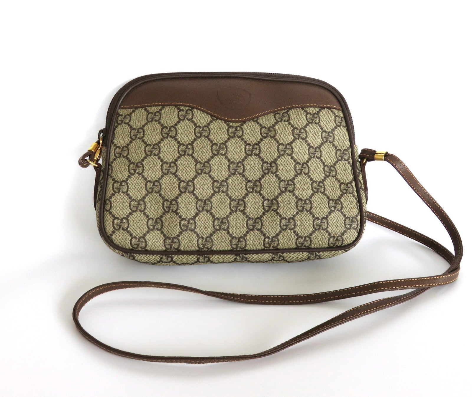 Authentic Vintage GUCCI Brown GG Monogram Canvas Leather Cross Body Bag Purse