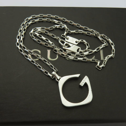 Gucci 925 Silver G Logo Square Venetian Chain Unisex Pendant Necklace Authentic