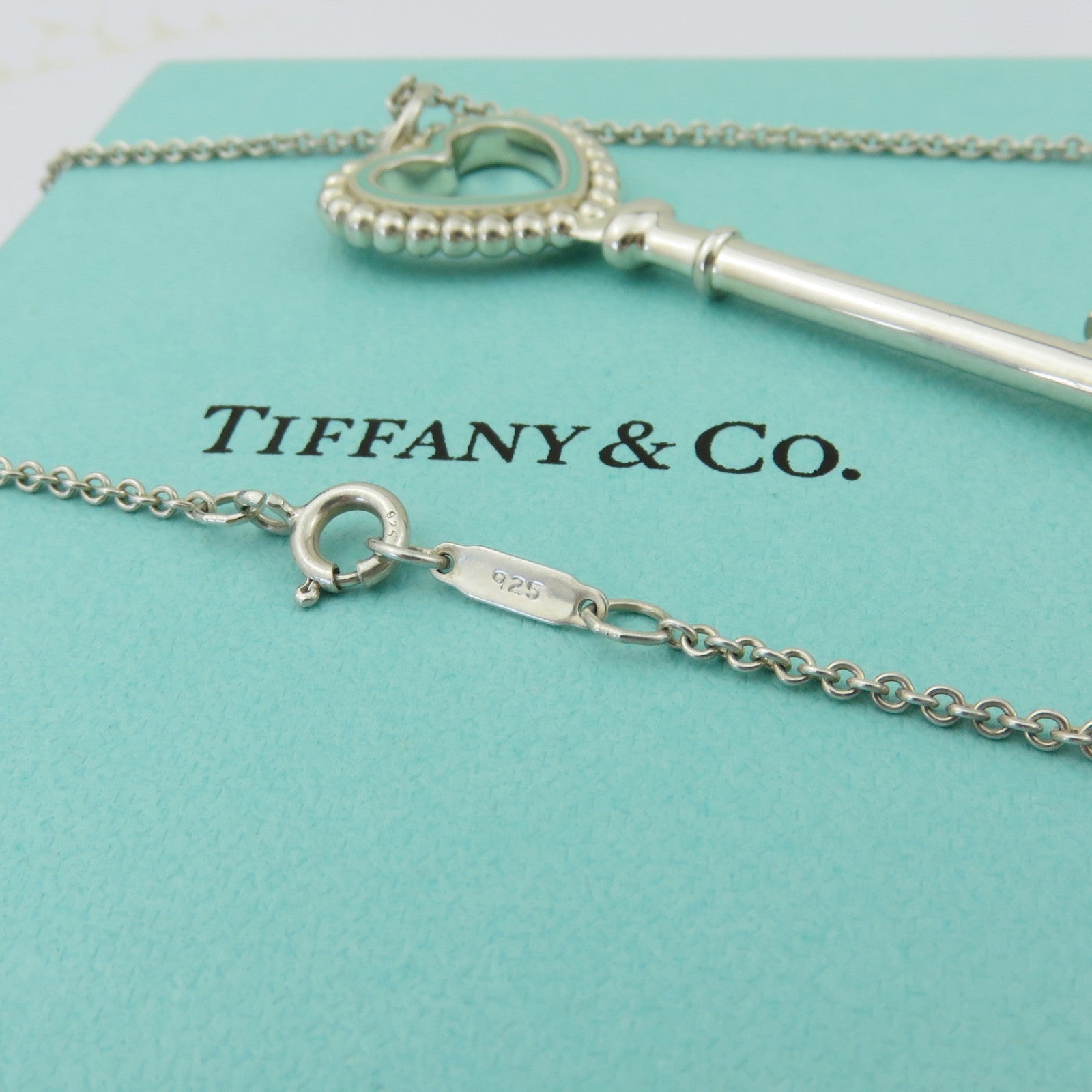 Tiffany & Co 925 Silver Blue Enamel Large Beaded Heart Key Pendant Necklace