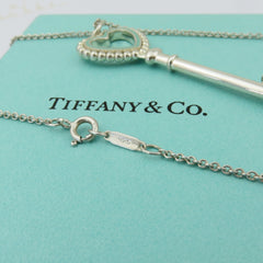 Tiffany & Co 925 Silver Blue Enamel Large Beaded Heart Key Pendant Necklace