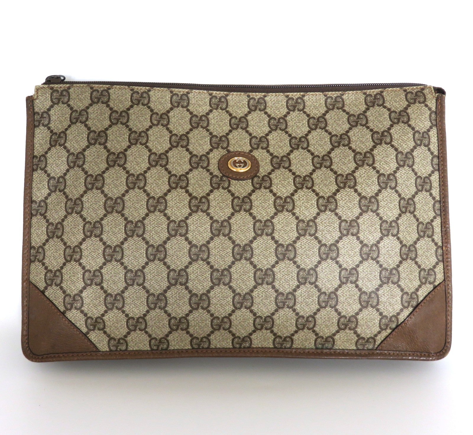 Gucci Vintage Brown GG Monogram Canvas Leather Unisex Clutch Bag Authentic Italy