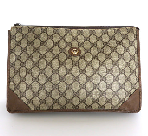 Gucci Vintage Brown GG Monogram Canvas Leather Unisex Clutch Bag Authentic Italy