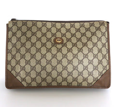 Gucci Vintage Brown GG Monogram Canvas Leather Unisex Clutch Bag Authentic Italy