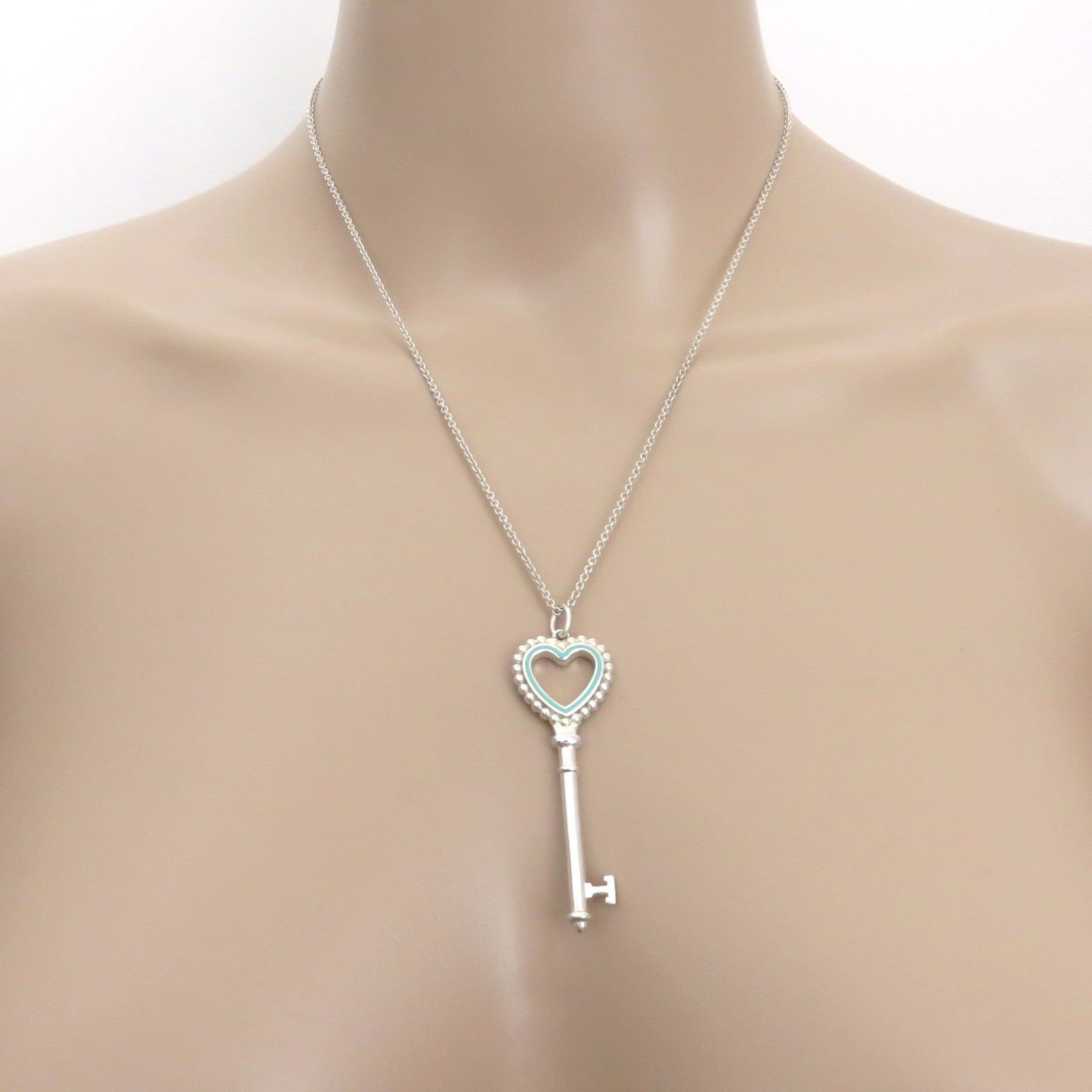 Tiffany & Co 925 Silver Blue Enamel Large Beaded Heart Key Pendant Necklace
