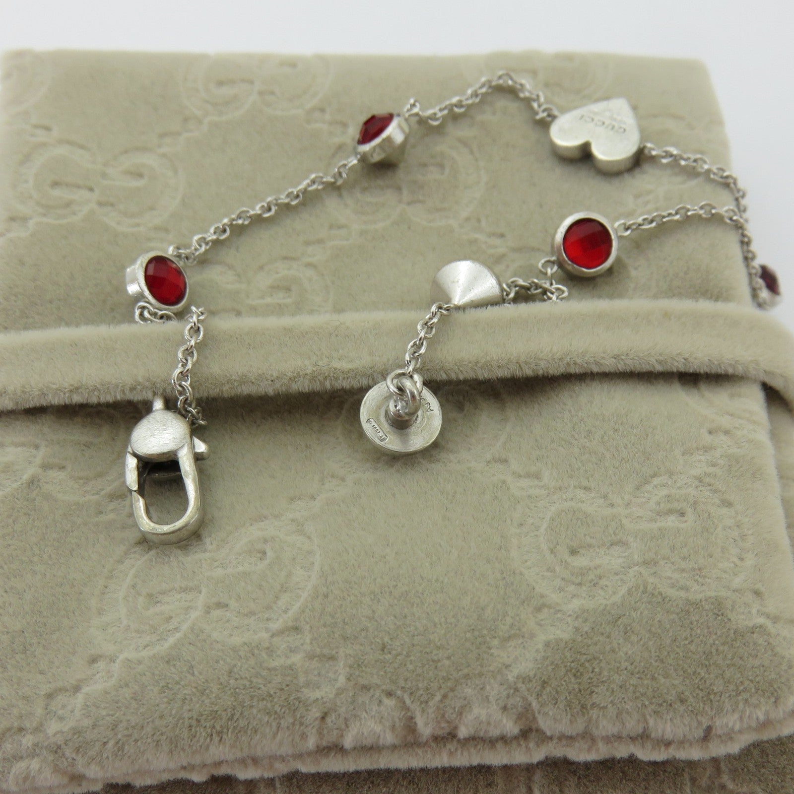 Gucci 925 Sterling Silver 4 Stone Links Heart Tag Bracelet with Pouch