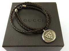 Gucci Sterling Silver Woven Brown Leather with Crest Tag Pendant Necklace