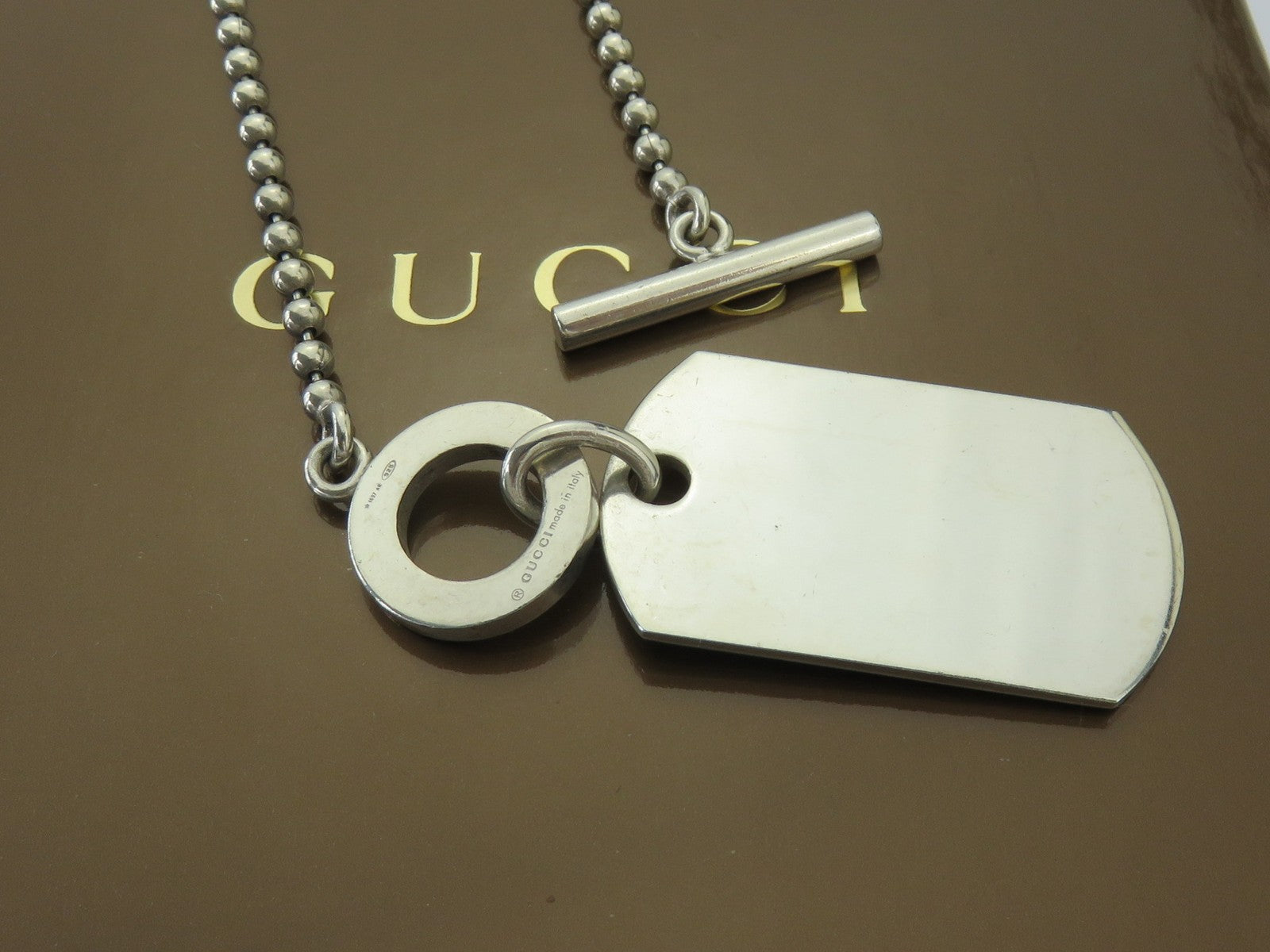 Gucci Sterling Silver Logo Bar Dog Tag Ball Chain Unisex Toggle Pendant Necklace